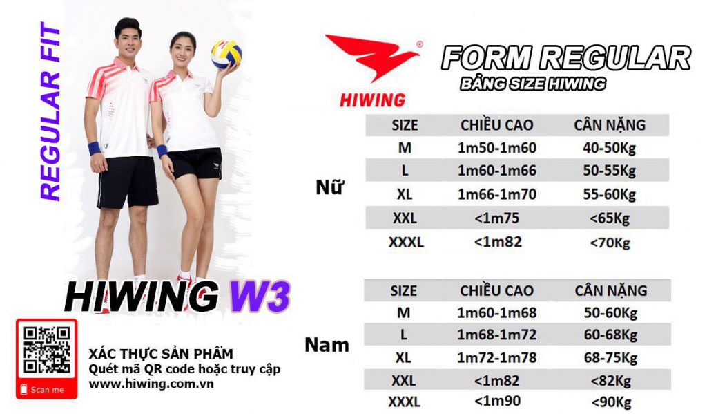 bảng size chọn quần áo cầu lông