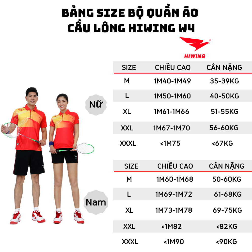 bảng size quần áo cầu lông
